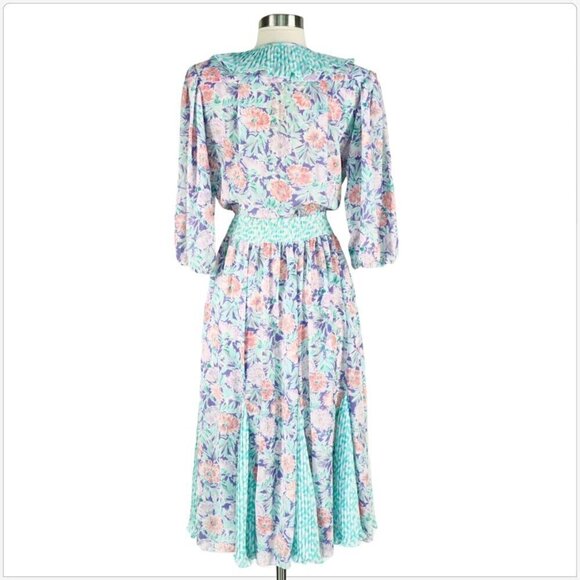 Assorti Susan Freis Vintage 80s Pastel Floral Ruffle Pleated Smocked Dress XS - Picture 4 of 5